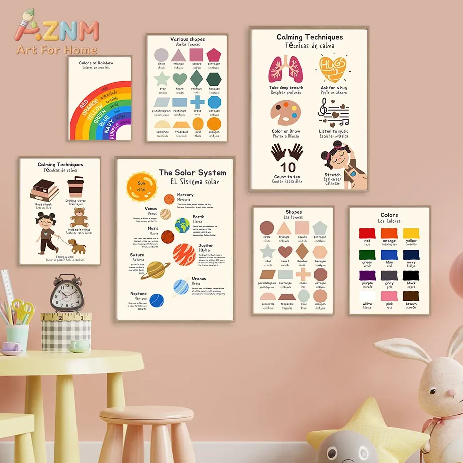 Kids Education System - AZNM Tableau éducatif bilingue espagnol-anglais pour